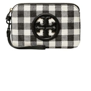 Tory Burch Perry Bombe Black and Cream Gingham Leather Wristlet